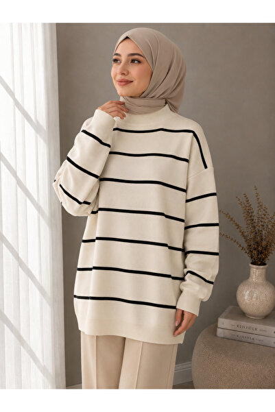 DepoExport Women's Half-Throat Striped Knitwear Sweater Oversize Loose Design