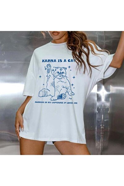 DEEFWEAR Mi̇ngalondon Karma Is a Cat Printed White Unisex Oversize T-Shirt