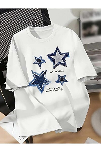 DEEFWEAR Mi̇ngalondon Denim Star Printed Oversize T-Shirt