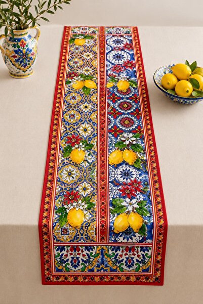 R-EYLA R'Eyla Rosso Amalfi Decorative Runner – 50X150 cm – Lemon Patterned Me...