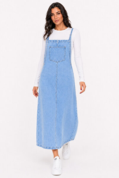 Asfaha Fashion Women's Comfortable Cut Strappy Long Denim Salopet Dress