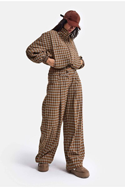 it's basic Women's Coffee Plaid W6-32 Loose Fit Tsarım Pants