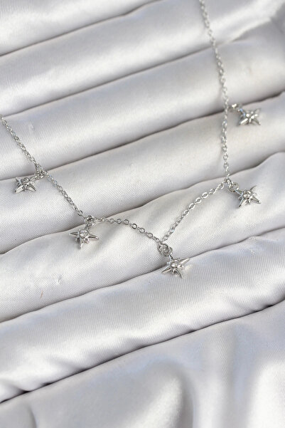 shopwave Brass Silver Color Row Minimal Pole Star Model Women's Necklace