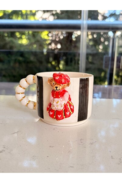NOF El Yapımı Seramik Gerçek 24K Altın Dekorlu Kırmızı Gelin Teddy Kupa