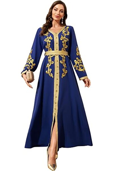 Abaowedding Elegant Long Sleeve Maxi Dress, Light Blue with Gold Embroidery, ...