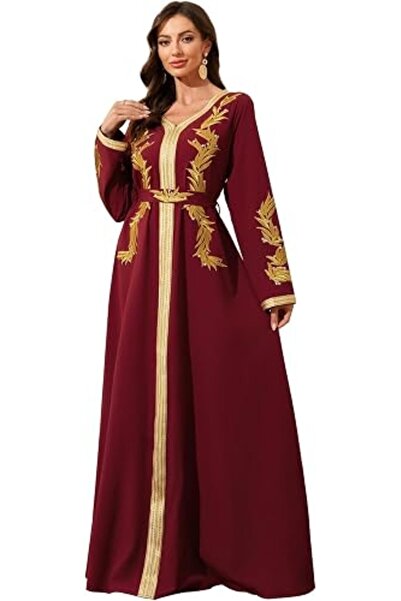 Abaowedding Elegant Long Sleeve Maxi Dress, Light Blue with Gold Embroidery, ...