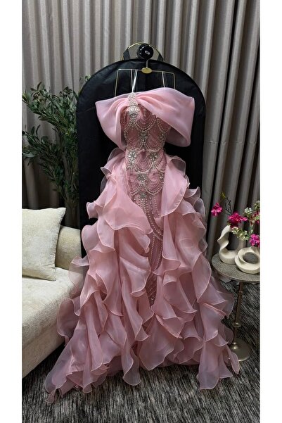 FASHION Off-Shoulder Evening Gown with Organza Collar and Luxurious Pearl-Emb...