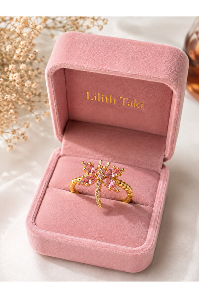 Lilith Takı خاتم نسائي من طراز Pink Stone Dragonfly - تصميم أنيق بلون ذهبي لامع