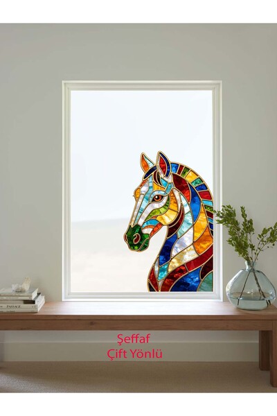 aiki Çift Yönlü, Vitray Desenli, At Görseli, Cam, Duvar Sticker, 49 x 77cm