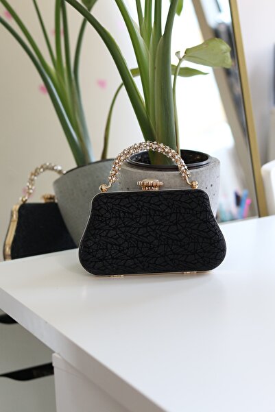 Moom Bag Women's Black Patterned Case and Stone Handle Chain Evening Dress Bag