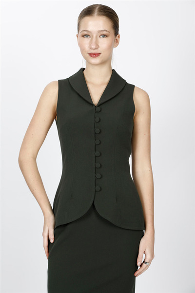 ÖNDER ÖZSOY Shawl Collar Patched Vest-Khaki - 1536100