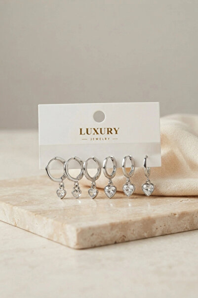 SORA GROUP Heart Zircon Stone Silver Color Brass Set Earrings