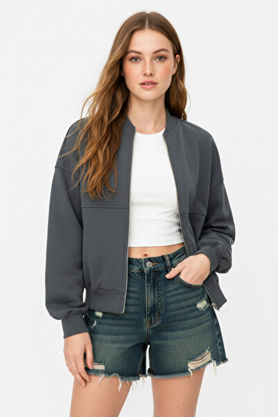 Runades Kadın Basic Oversize Fermuarlı Günlük Bomber Ceket