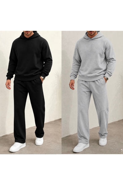FUFLUNS Men's Hooded 2-Piece Gray-Black Bottom/Top Tracksuit Set