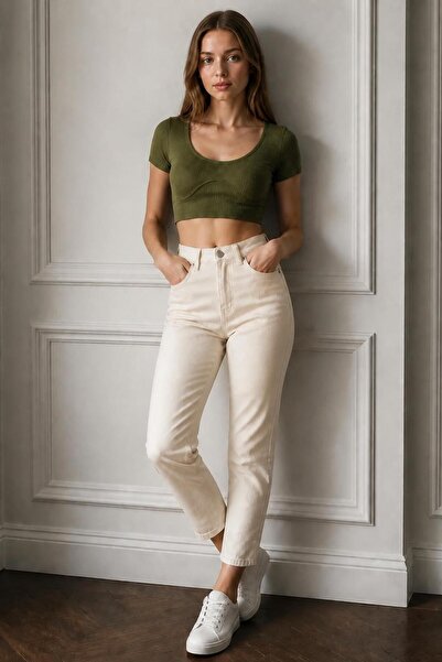 kleshus Ganikus Women's Cream Mom Jean High Waist Lycra Boyfriend Jeans