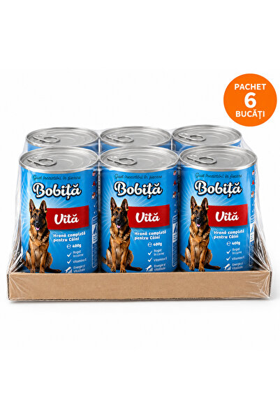 Bobita Bobiță Hrană Umedă Completă pentru Câini cu Carne de Vită, 6 x 400 g,