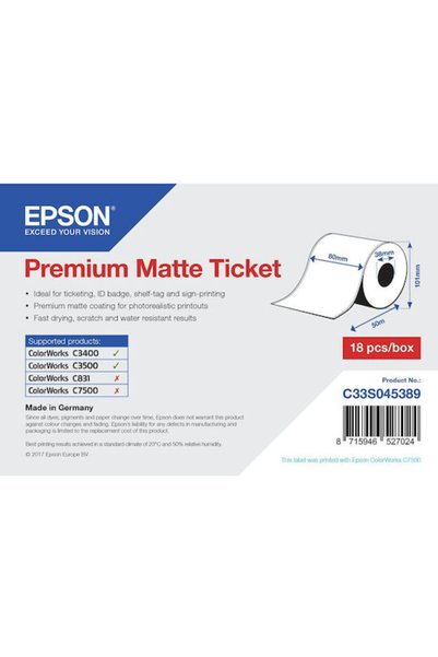EPSON Κορυφαίας ποιότητας ματ ταινία εκτυπωτή ετικετών 50μ x 80χιλ. Λευκό Κωδ...