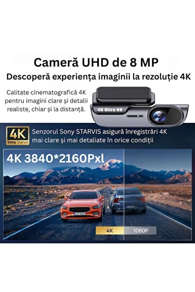 TehnoTek Cameră DVR auto UHD 4K, TehnoTek, 170 °   Unghi de vizualizare, Cameră de bord, Cameră de marșarier inclusă, Viziune nocturnă, Senzor G, Înregistrare în buclă, Kit de alimentare directă, Protecție 24 de ore, Culoare argintie