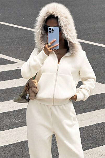 İlayda Toprak Muchi Ecru Fur Hooded Oversize Premium Kangaroo Pocket 3 Thread Thick Sweatshirt Tracksuit Set