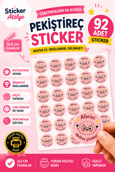 92 Adet Öğretmen Pekiştireç Sticker – Aferin Akıllıca Çözdün – 3x3 cm Yuvarlak Öğrenci Ödül Motivasyon Etiketi