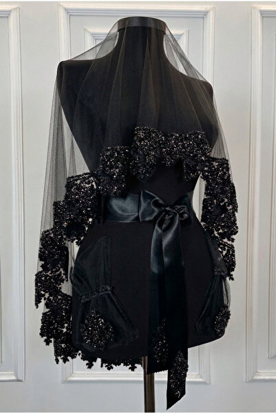 ZEYMERADE Black Bridal Veil Set, Glass Beads and Sequins Printed Henna Veil S...