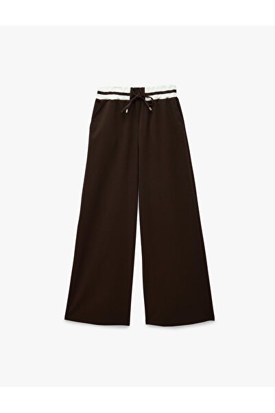 Koton High Waist Lace-Up Wide Leg Trousers with Pockets and Striped Tape Detail
