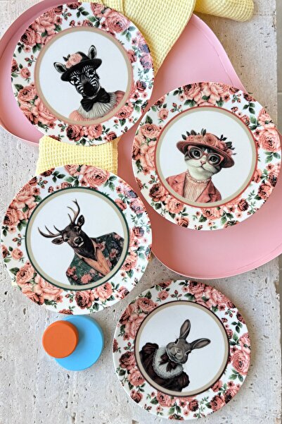 porselenden Vintage Animals 4'lü 19 cm Porselen Pasta Tabağı Seti Pembe Çiçek...