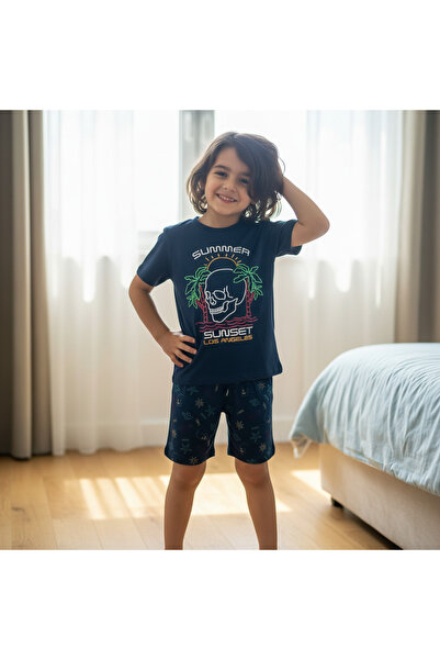 BONBON Children's Summer Printed Navy Blue Color 2-Piece Set Cb1061
