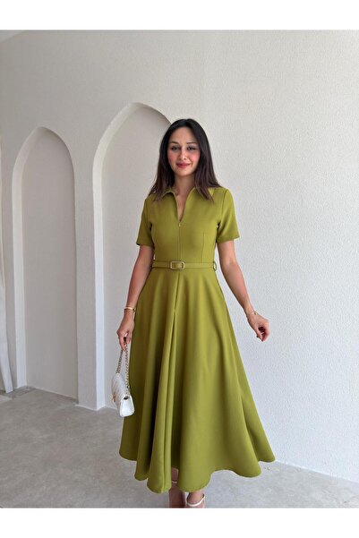 Mooi Butik Leaves Midi Dress 3654 - Oil Green