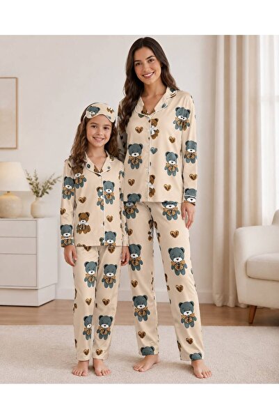 Fil Kids Mother-Daughter Beige Teddy Bear Heart Patterned Winter Shirt Collar...