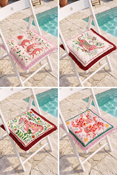 Realhomes Modern 4-Piece Fringed Puffy Chair Cushion Set with Tiger Figures a...