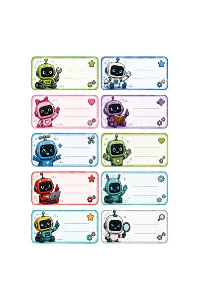 Probest DESIGN Robot Child Name Tag – Colorful Artistic Sticker for Notebook, Book, Bag