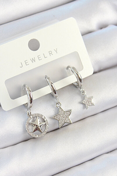 SORA GROUP Brass Zircon Stone Star Model Silver Color 3-Piece Double Women's ...