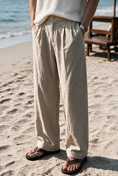 MENOFOURSWEAR Siena Men's Premium Double Pleated Detailed Linen Baggy Trousers