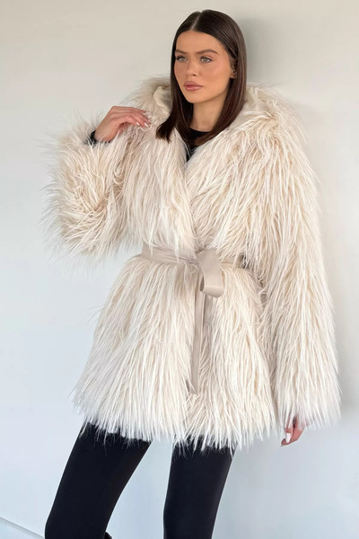 Aryena معطف نسائي مبطن بالفرو بلون كريمي (مقاسات s-m-l-xl)