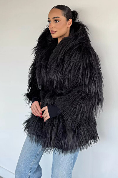 Aryena Black Women's Fur-Lined Coat (Available in Sizes S-M-L-Xl)