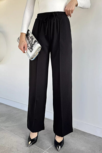 Aryena Black Women's Elastic Waist Wide-Leg Trousers