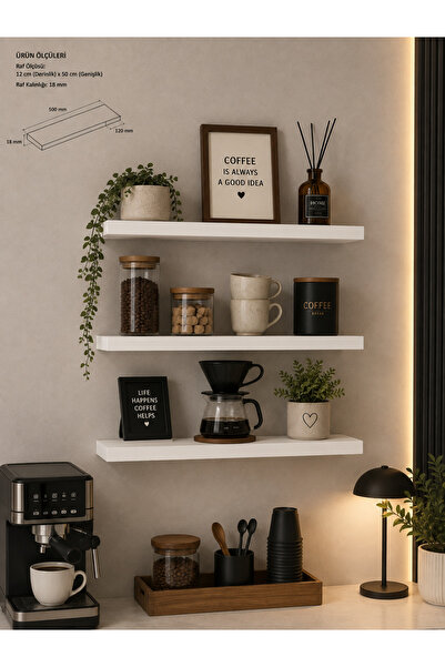 KAR Mobilyaa 3'lü Beyaz Duvar Rafı 50x12 cm – 18 mm MDF Dekoratif Yüzen Raf Seti