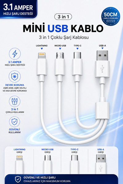 NEFFO 3.1A Hızlı Şarj Destekli 3in1 Çoklu Şarj Kablosu Lightning Micro USB Ty...