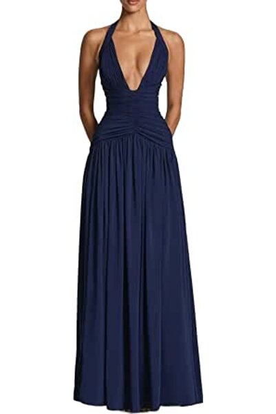 GENERAL Women's Solid Halter Maxi Dress, Deep V Neck Ruched High Slit Sleevel...