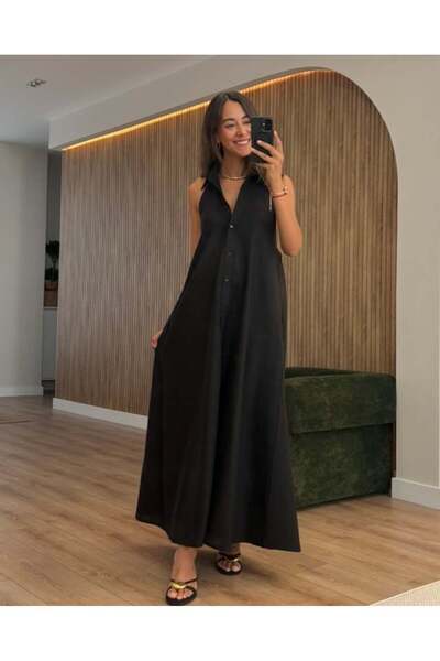Myrum butik Orienta Siyah Keten Gömlek Elbise