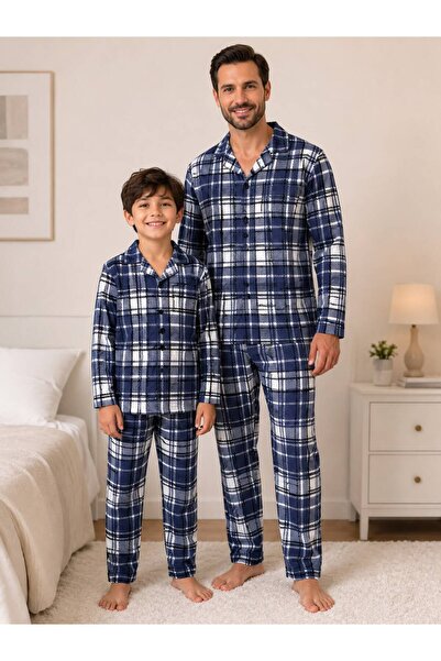 Fil Kids Father-Son Boy Child Gray Blue Plaid Winter Shirt Collar Buttoned Sl...