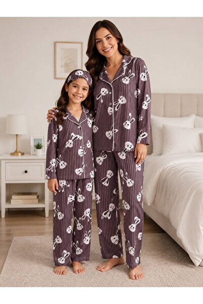 Fil Kids Mother-Daughter Lilac Color Rabbit Patterned Shirt Collar Sleep Band...