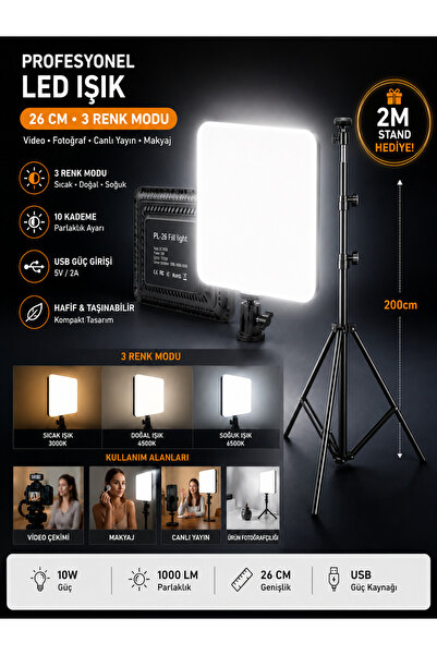DEANB Profesyonel 26CM LED Işık 3 Renk Modlu 2 Metre Tripod Standlı Ayarlanab...