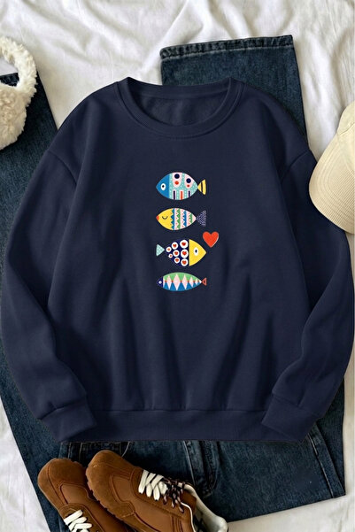 uyguntarz Unisex Fish Printed Crew Neck Sweatshirt