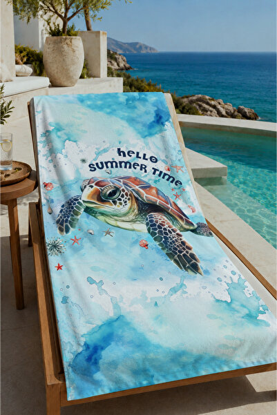 Evmila Blue Watercolor Sea Turtle Patterned 70X150 Beach Towel - Digital Prin...