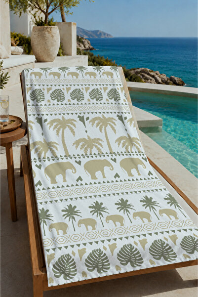 Evmila Ecru Khaki Ethnic Border and Geometric Motif Patterned 70X150 Beach To...