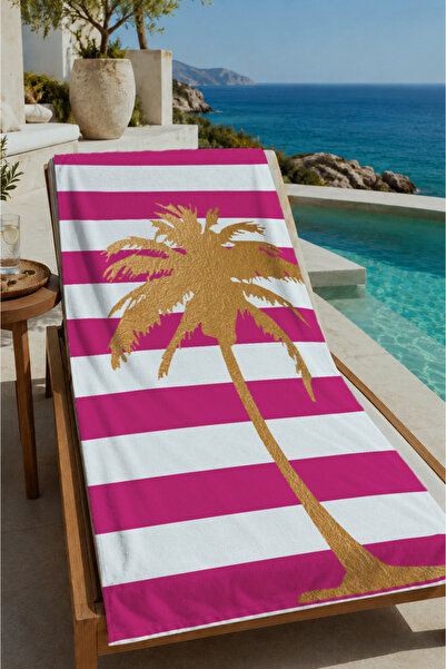 Evmila Fuchsia White Striped Gold Starfish Patterned 70X150 Beach Towel - Cot...