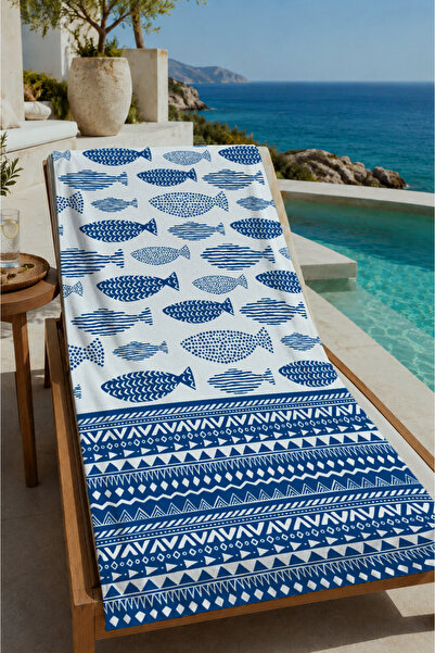 Evmila White Blue Fish and Ethnic Border Patterned 70X150 Beach Towel - Cotto...