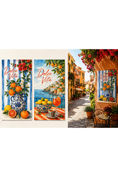AR AJANS KANVAS TABLO Dolce Vita Themed Summer Style Vase Shaped Blue Striped...